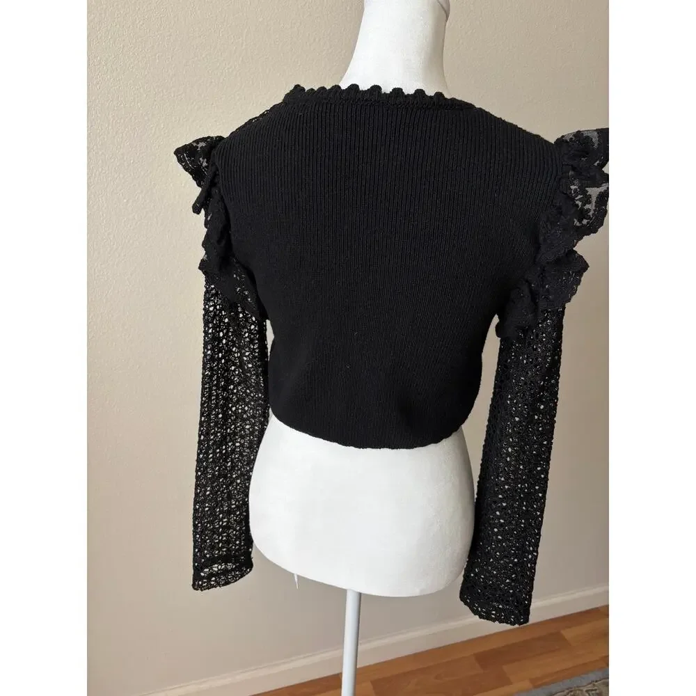 Zara Black Lace Tie Front Ruffle Cropped Combination Cardigan S